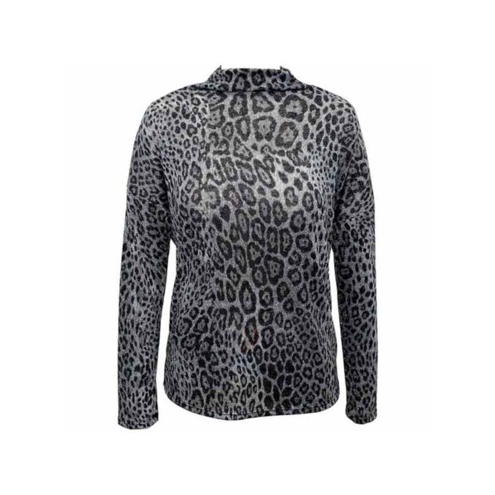 INC Womens Silver Funnel-neck Animal Print Long Sleeve Top Size: S